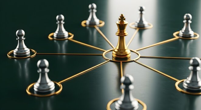 Golden chess king centrally positioned connecting silver pawns through a network structure symbolizing leadership and influence