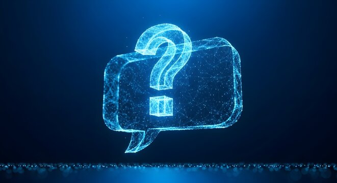 Glowing blue digital question mark inside a futuristic speech bubble represents communication uncertainty in technology.
