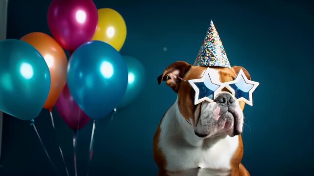 Birthday celebration theme for party event. A bulldog wearing a festive party hat and starshaped glasses, surrounded by colorful balloons and confetti against a dark background.