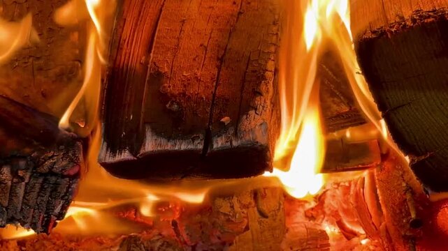 Close-up of burning firewood. Close-up of burning logs in fireplace.
