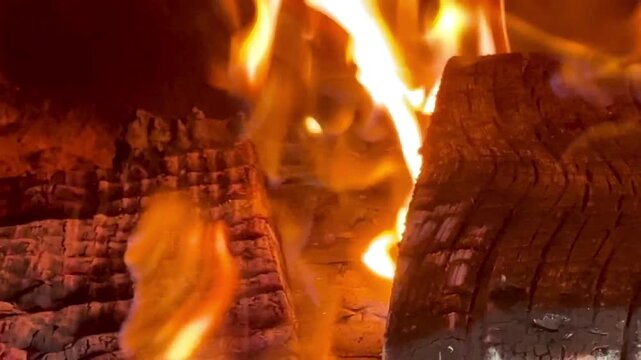 Close-up of burning firewood. Close-up of burning logs in fireplace.
