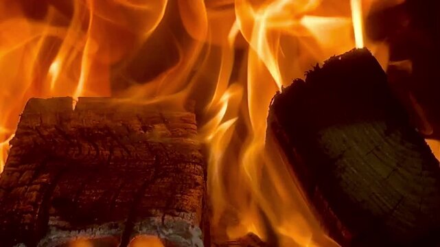 Close-up of burning firewood. Close-up of burning logs in fireplace.