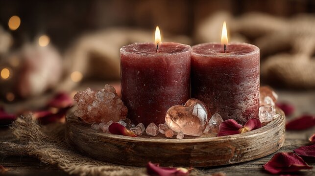 A romantic still life featuring lit candles, rose petals, and heart-shaped crystals on a rustic wooden tray under warm cinematic lighting.