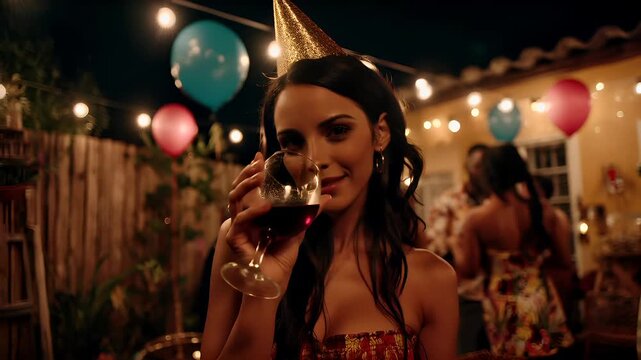 Birthday celebration theme for party event. A woman wearing a festive party hat, holding a glass of wine, surrounded by a group of people. The scene is illuminated by decorative lights, balloons.