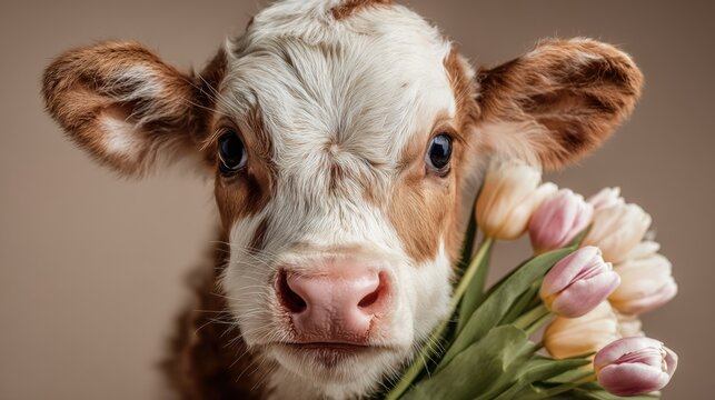 Cow holds flowers to celebrate women's day on March 8 with a joyful theme