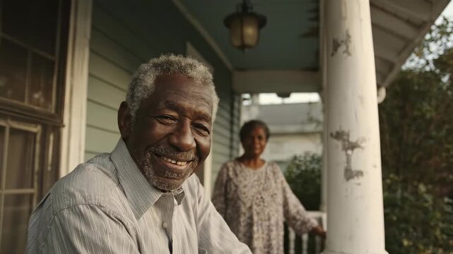 Portrait of a wise African American senior man gazing forward with a gentle smile. Background shows a woman on porch. Retirement, age, family, peaceful life. Warm tones, sunny day.