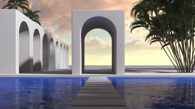 Geometric arched white wall with layered cutouts and shadows of palm tree branches. 3D architectural background. Design for banner, poster, wallpaper, and header.