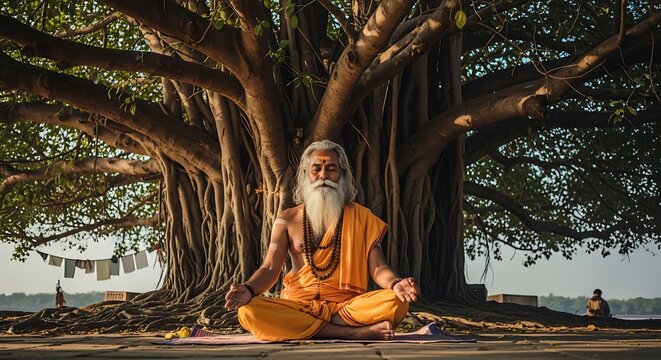 Serene Monk Meditating Under Ancient Tree.