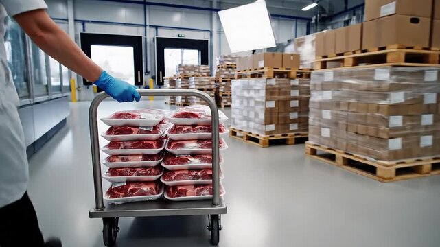 Worker pushing cart of packaged raw meat in a food processing factory