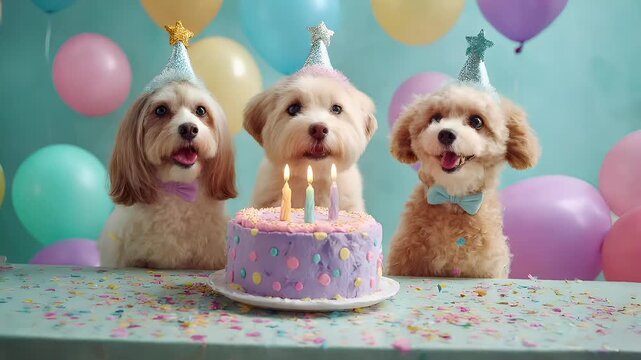 Birthday celebration theme for party event. Three small dogs wearing festive party hats and bow ties, gathered around a table with a birthday cake adorned with lit candles and colorful confetti.