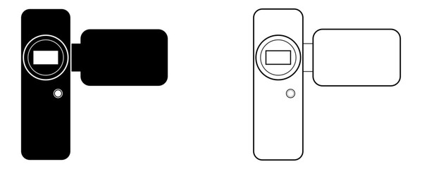 Ilustración de Filmadora digital pequeña antigua. Icono retro en blanco y negro. Vector con estilo minimalista para sitio web, app, folleto, diseño gráficos y otros. © Nicolas