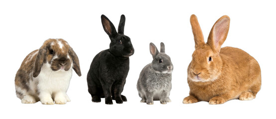 Four adorable domestic rabbits of varying colors and breeds sitting together in a row, showcasing their unique characteristics and charming expressions.