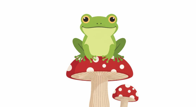 Playful cartoon frog perched on a red spotted mushroom in a whimsical forest scene.