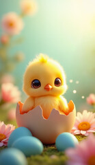 Easter scene - close-up view of a cute tiny baby chick just hatched from an egg surrounded by flowers and decorative easter eggs. Created using generative AI tools