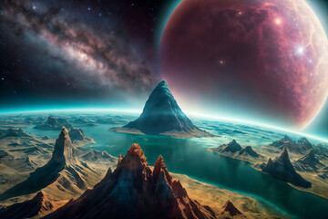 Abstract space landscape - view of the surface and atmosphere of of an unknown exoplanet with the surrounding space. Created using generative AI tools