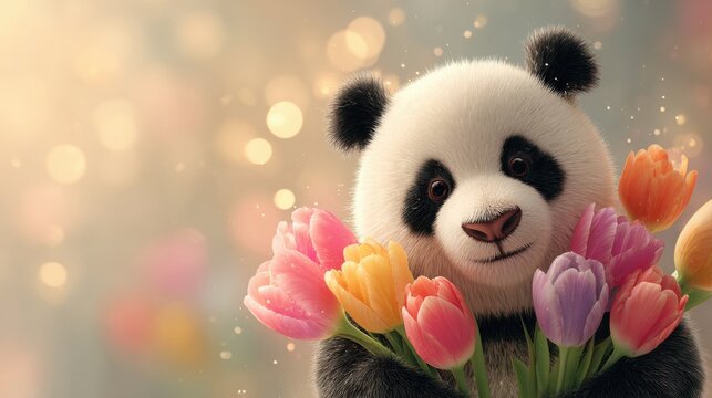 Panda holds colorful flowers for Women's Day celebration on March 8