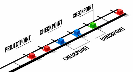 Vector isometric project timeline with red, blue, and green checkpoint cubes on a black line, progress tracking concept isolated on white