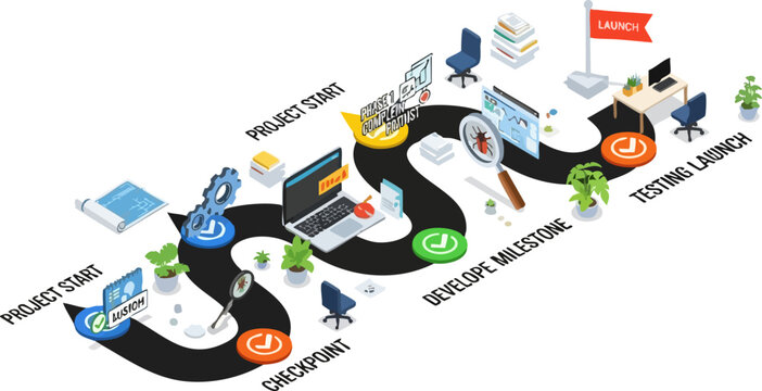Isometric vector project development timeline with milestones, tasks, launch flag, and office elements isolated on white