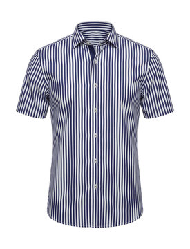 Short-sleeve cotton poplin shirt with vertical stripes in navy and white