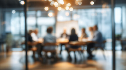 Fototapeta premium Blurred Office Meeting Background with Business Team Discussion, Modern Corporate Workplace, Professional Collaboration and Strategy Concept