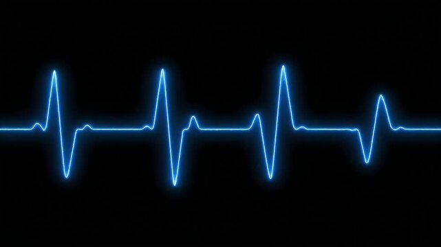 Dynamic blue glowing heartbeat rhythm on a black background, symbolizing vital medical monitoring and health data