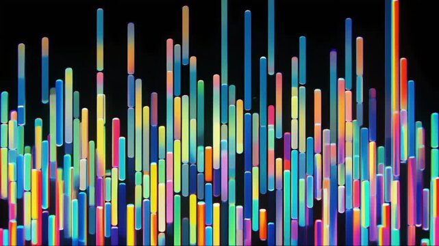 Colorful, multicolored bars of varying lengths arranged in a random pattern against a solid black background with a white foreground.