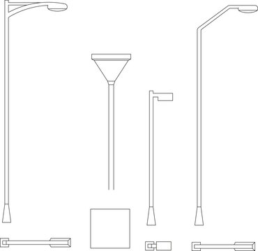 Technical vector illustration of modern street lamps, featuring curved designs, funnel-shaped fixtures, and top-down plan view silhouettes.