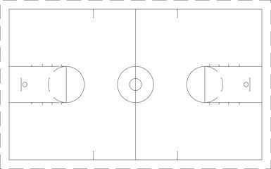 Technical vector illustration of a basketball court floor plan, featuring precise line markings for professional sports facility design © Riki