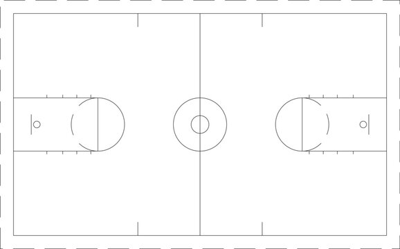 Technical vector illustration of a basketball court floor plan, featuring precise line markings for professional sports facility design