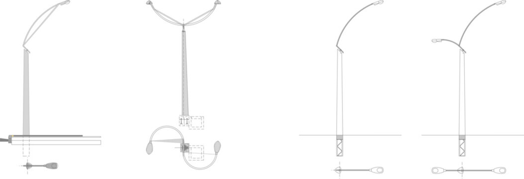 Technical vector collection of modern curved street lights, featuring detailed side elevations and top-down plan views for urban design.