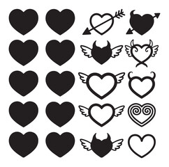 Black Heart Icons with Various Designs and Symbols Isolated on White Background