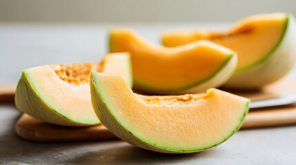 fresh ripe melon slices in table composition with subtle props (cutting board edge, fruit knife handle slightly visible) and melon background filling frame, neutral studio backdrop