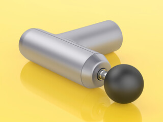Silver massage gun on shiny yellow background