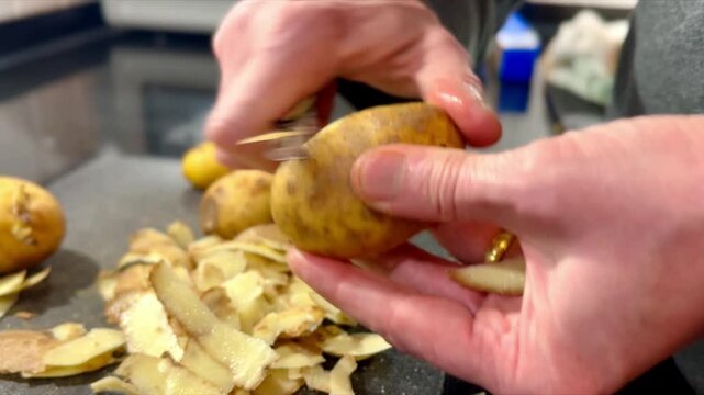 close up of man using hands peeling potatoes in modern kitchen with peeler