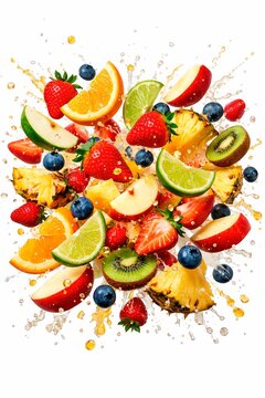Colorful assortment of fresh fruits including strawberries, oranges, apples, pineapples, and blueberries splashing in water against a white background