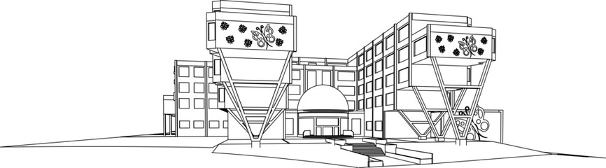 Architectural vector perspective of a modern commercial building, featuring unique cantilevered wings decorated with butterfly mural art. © Riki