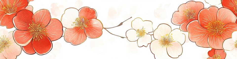 Red and white cherry blossom flowers with golden outlines on a branch in an asian pattern design. Chinese New Year concept, oriental decor. Banner with copy space
