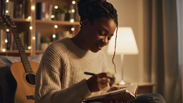 Young Black Woman Writing in Notebook by Guitar, Cozy Evening Study Session