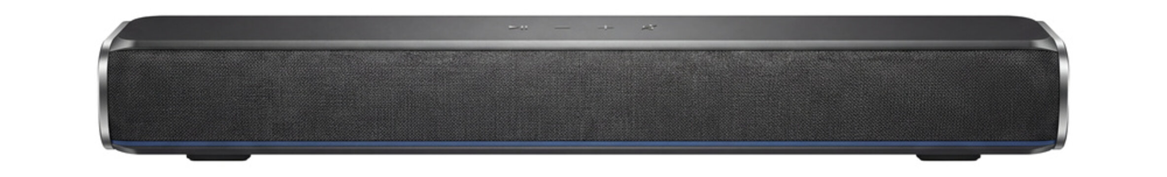 DSP soundbar with fabric-covered front and slim profile