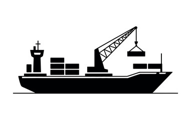 Obraz premium A black silhouette of a cargo ship with a crane loading containers on the deck.