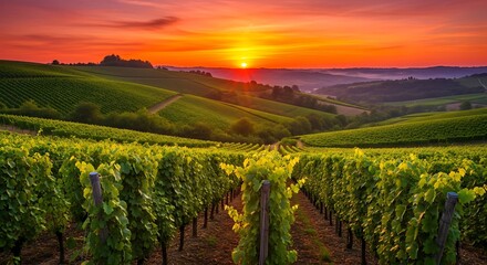 Golden sunset paints a vibrant landscape of rolling hills covered in lush vineyards