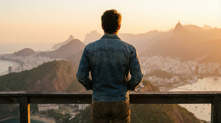 A man in a denim jacket admires the warm sunset over Rio de Janeiro, ideal for travel guides or lifestyle magazines.