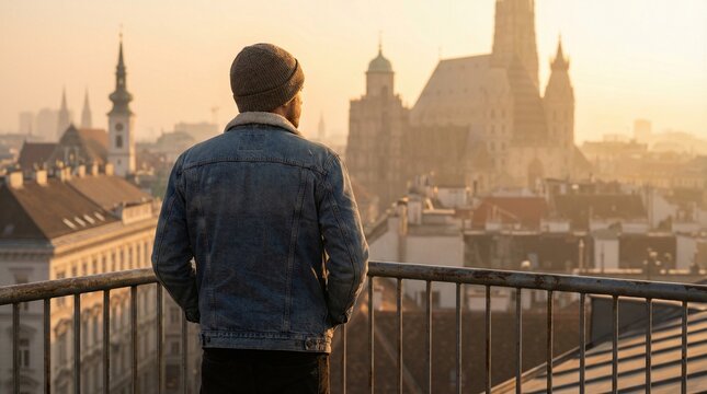 A man in a denim jacket stands on a balcony, captivated by a historic city skyline at sunset, perfect for travel or architectural photography.
