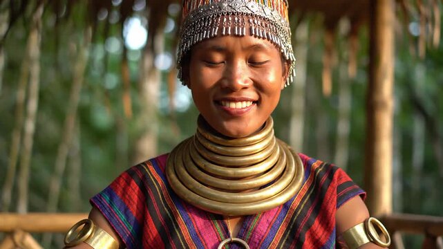 Young Kayan woman with neck rings and traditional clothing smiles