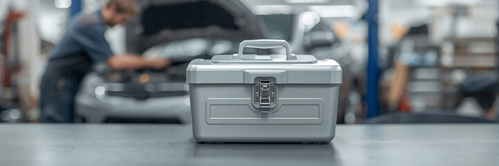 close-up of a toolbox in a car repair shop