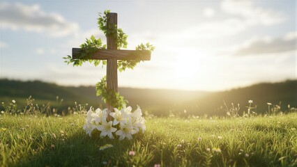 Fototapeta premium Wooden cross adorned with green vines and white lilies in a sun-drenched field. Symbol of resurrection and new life for Pentecost and Easter.