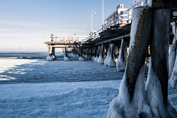Frozen old wooden pier on the Baltic Sea in Sopot