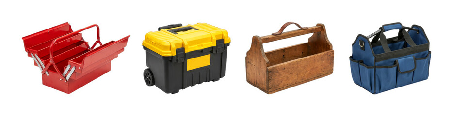 Four different toolboxes and tool carriers showcasing a variety of designs, materials, and functionalities for organizing and transporting tools.