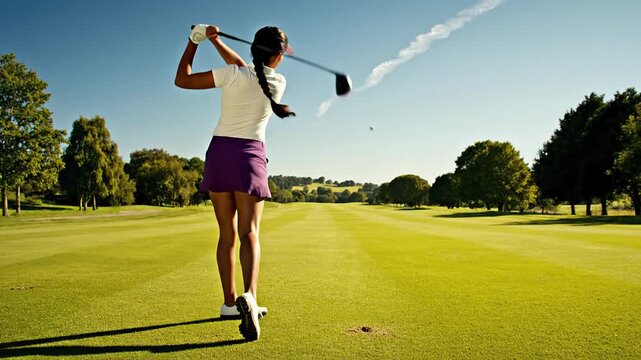 Young Woman Golfer Swinging Driver on Sunny Golf Course Tee Box