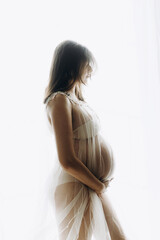 Obraz premium Beautiful pregnant woman holding baby bump and posing in light. Happy Mothers day! Healthy pregnancy and fertility concept. Pregnant woman in veil hugging belly, tender motherhood